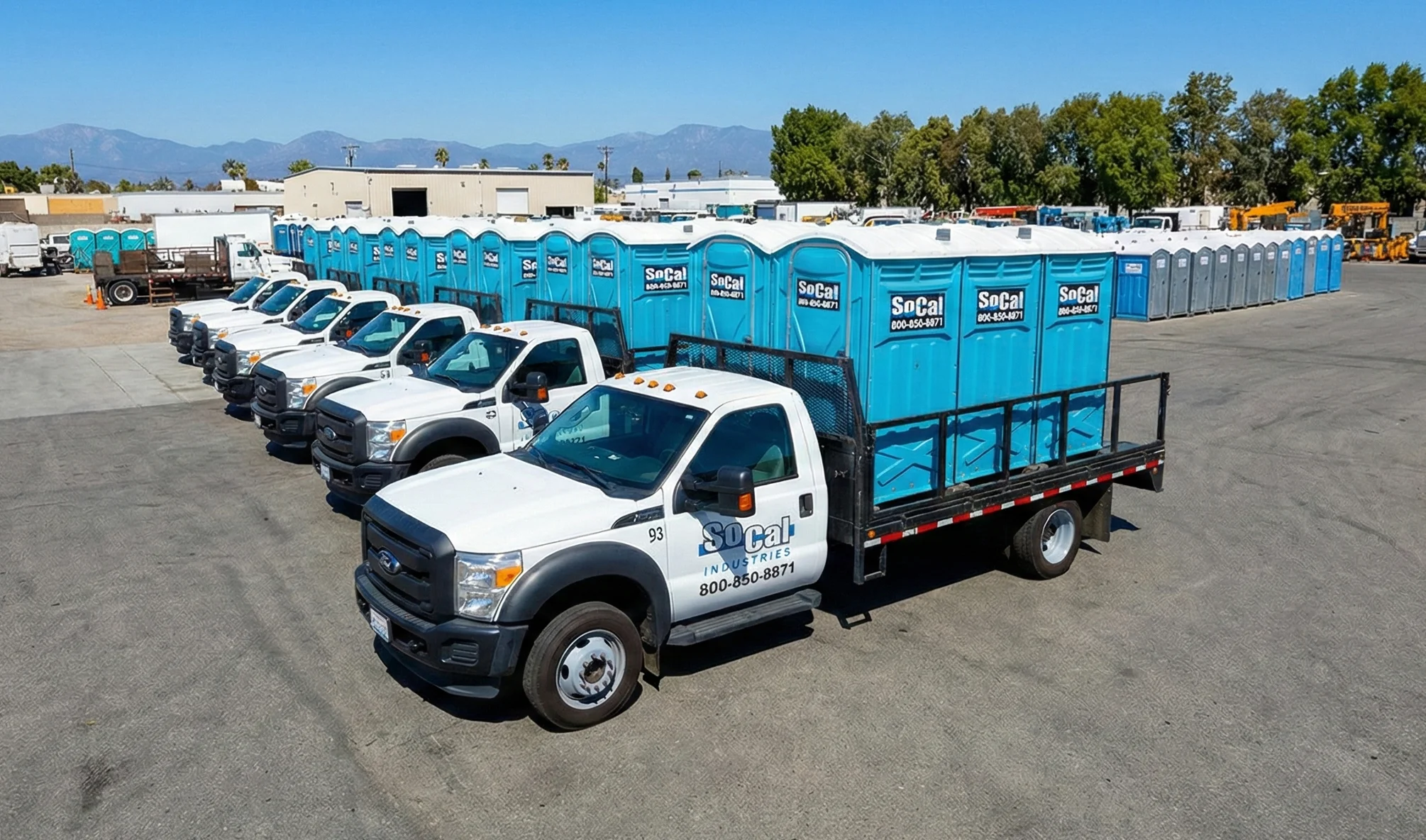 Portable restroom fleet ready for delivery in Orange County